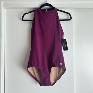 NWT Mariia Crown Halter Leotard with open back - purple magenta eggplant